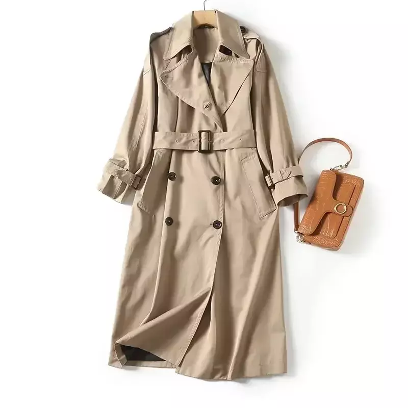 Женский модный двубортный длинный тренчкот с поясом 2023, классическое женское пальто в стиле ретро с длинным рукавом, модное шикарное пальто