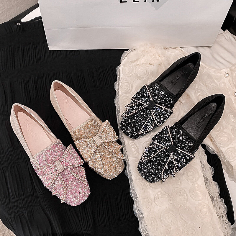 Women's Flat Shoes New Single Shoe Bow Pearl Women's Shoes Square Toe Shallow Mouth Large Size Ladies Shoes Zapatos De Mujer