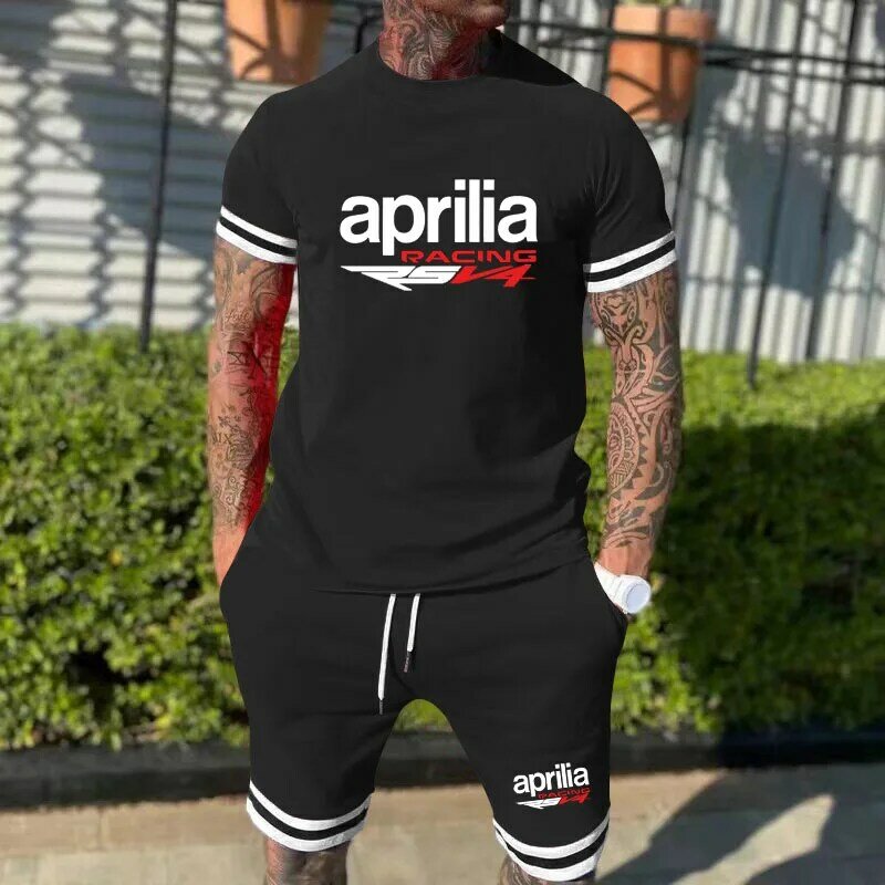Sommer Herren bekleidung zweiteilige Sets(T-Shirt Shorts) Herren Casual Trainings anzug Aprilia Racing RSV4-Print Kurzarm Shorts