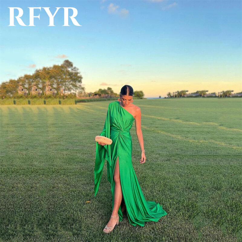 RFYR-فساتين حفلة موسيقية للشاطئ خضراء للنساء ، كتف واحد ، أكمام كاملة ، فساتين حفلات ، انقسام جانبي ، فستان سهرة ، قطار كنس
