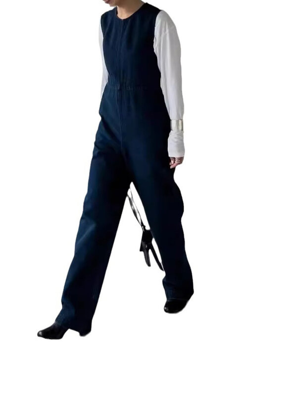 BZVW Fashion lebar kaki Denim Jumpsuit untuk wanita leher O tanpa lengan warna Solid pinggang tinggi celana 2024 musim panas pakaian baru 25A741