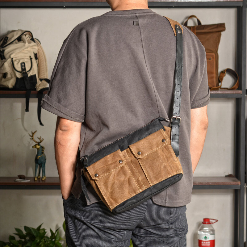 Retro oil wax canvas hit color messenger bag men and women small mini carry daily leisure outdoor riding