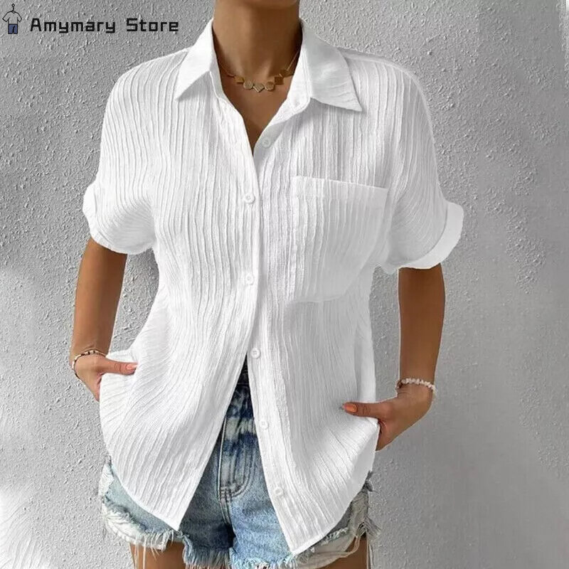 Túnica de manga curta casual de botão lapela feminina, camisa de trabalho empresarial, blusa feminina de escritório, verão, novo, 2022