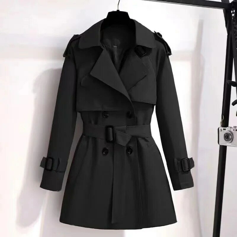 2024 jesienno-zimowy elegancki damski dwurzędowy płaszcz jednokolorowy trencz 100% bawełniany kołnierz w stylu Vintage luźny z paskiem