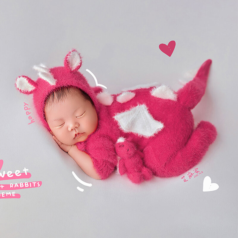 Ensemble de olympiques de dinosaure à fourrure rose pour nouveau-né, tenue de photographie, année du dragon posant, accessoires de toile de fond, prise de vue en studio, accessoires photo