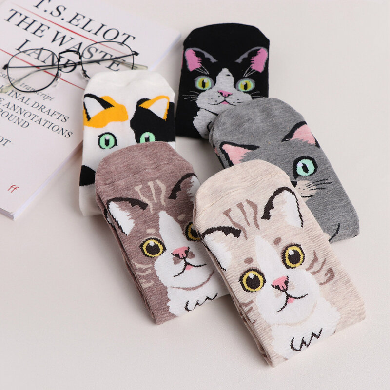 Coloridos calcetines de algodón con dibujos animados para mujer, medias Harajuku, coreanas, para Halloween, gato, perro, búho, pato y zorro, 5 pares