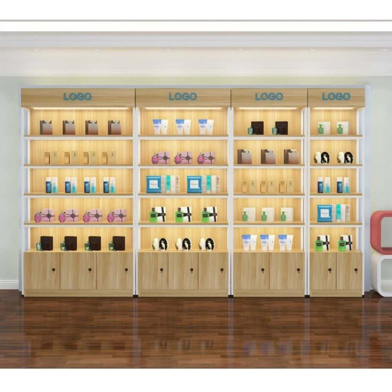 Estante de exhibición de madera personalizado con iluminación LED, estantes de pared de tienda minorista, estantes de exhibición de alta calidad para tienda minorista