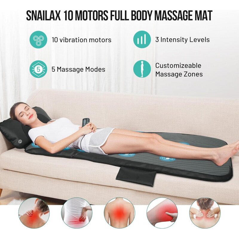 Tappetino da massaggio per tutto il corpo Snailax con cuscino massaggiatore per la schiena shiatsu caldo e mobile, 10 motori a vibrazione e 4 cuscinetti riscaldanti