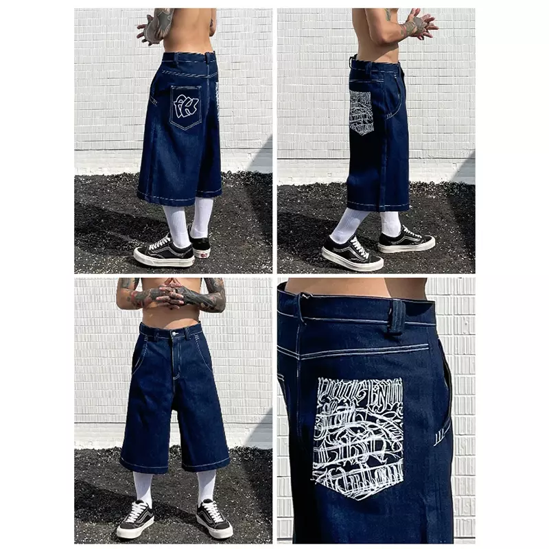 2024 letnie spodenki Retro Hip-hopowe jeansy Y2K kieszonkowe dżinsy z nadrukami męskie modne spodenki letnie spodnie do kolan