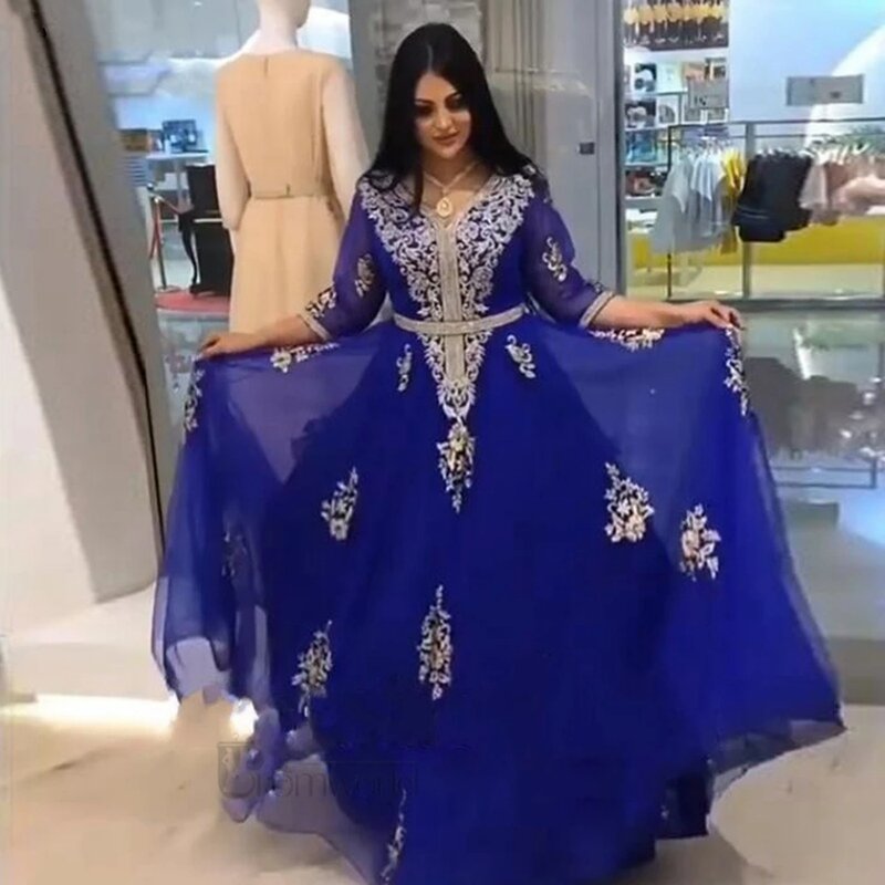 Koendye 2024 Royal Blue Prom dresses Moroccan Caftan V-Neck Half Sleeves Formal Evening Gowns Floor Appliques Arabic Party dress