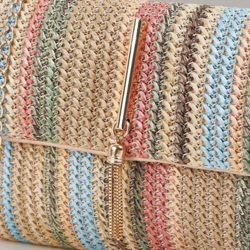 Multi Colored Striped Straw Clutch Handbag for Women Casual PU Leather Weave Summer Beach Purse Crossbody Shoulder Messenger Bag