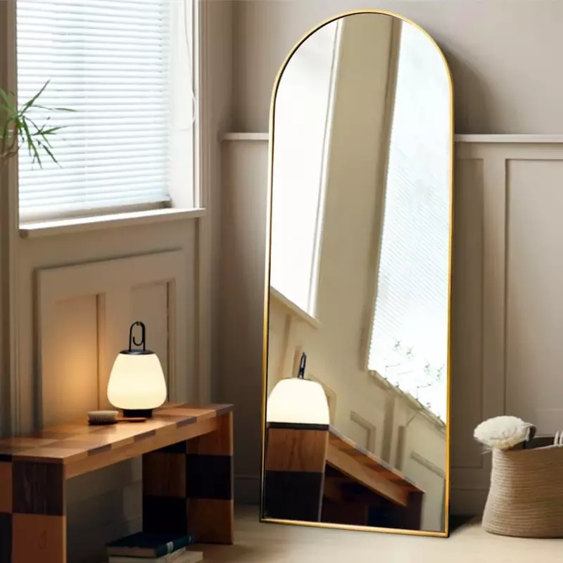 Espejo de longitud completa, con soporte, arqueado, espejos de pie, espejos altos, montados en la pared, Marco grande-dorado