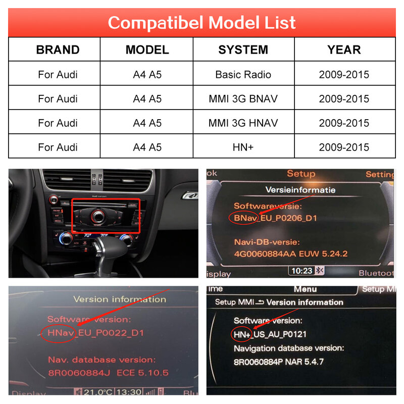 Wireless  Carplay for Audi A4 A5 Q5 2009-2015, with Android Auto Interface AirPlay Mirror Link YouTube Car Play Functions
