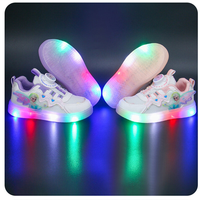 Disney-zapatos informales con luz Led para niña, zapatillas deportivas de cuero, a la moda, princesa Frozen, Elsa, rosa y púrpura