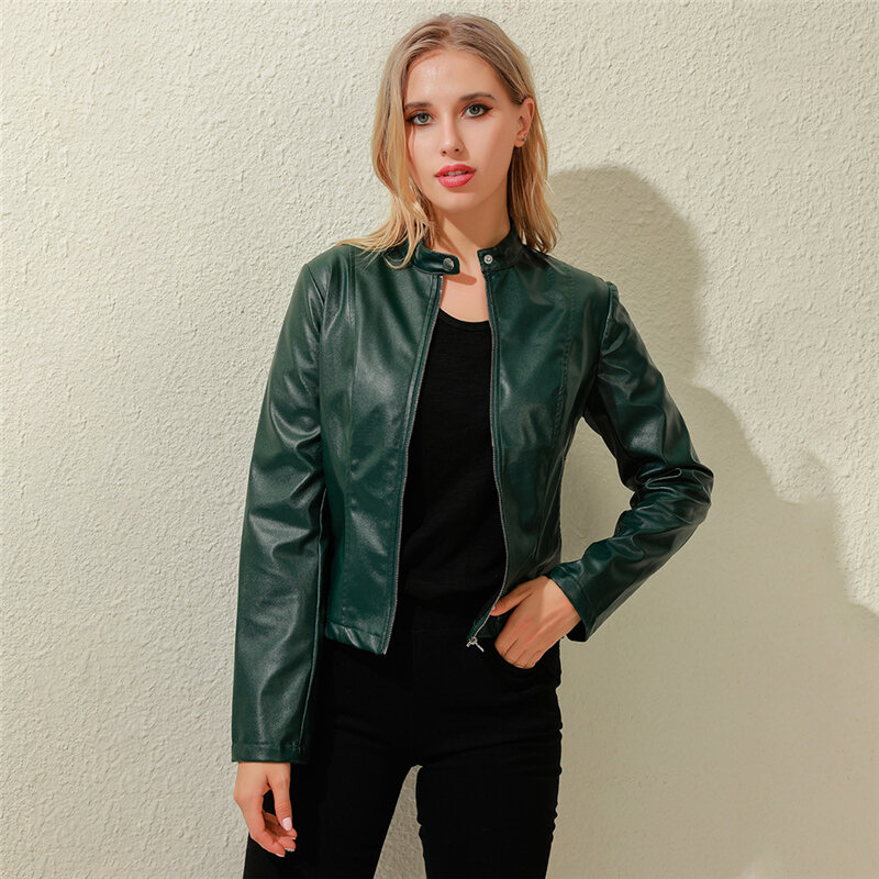 Novas mulheres slim-fit falso couro jaqueta de gola alta de manga comprida casaco com zíper cardigan casaco curto