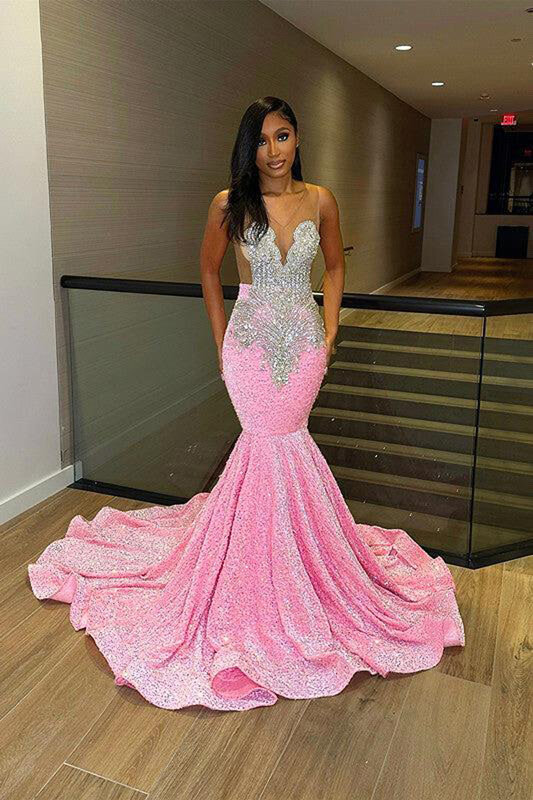 Luxury Crystal Beading Prom Dresses Women Pink Sparkly Sequined Mermaid Exquisite Formal Party Evening Gowns Vestido De Fiesta