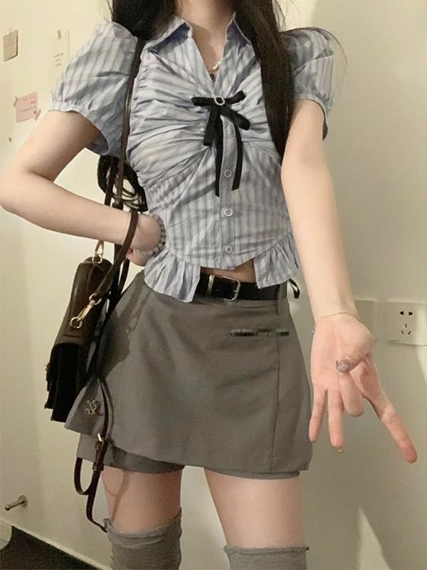 College Style Bow Korean Version Student Short Sleeved Top for Women Summer Spicy Girl Pure Desire Slim Fitting Short Shirt