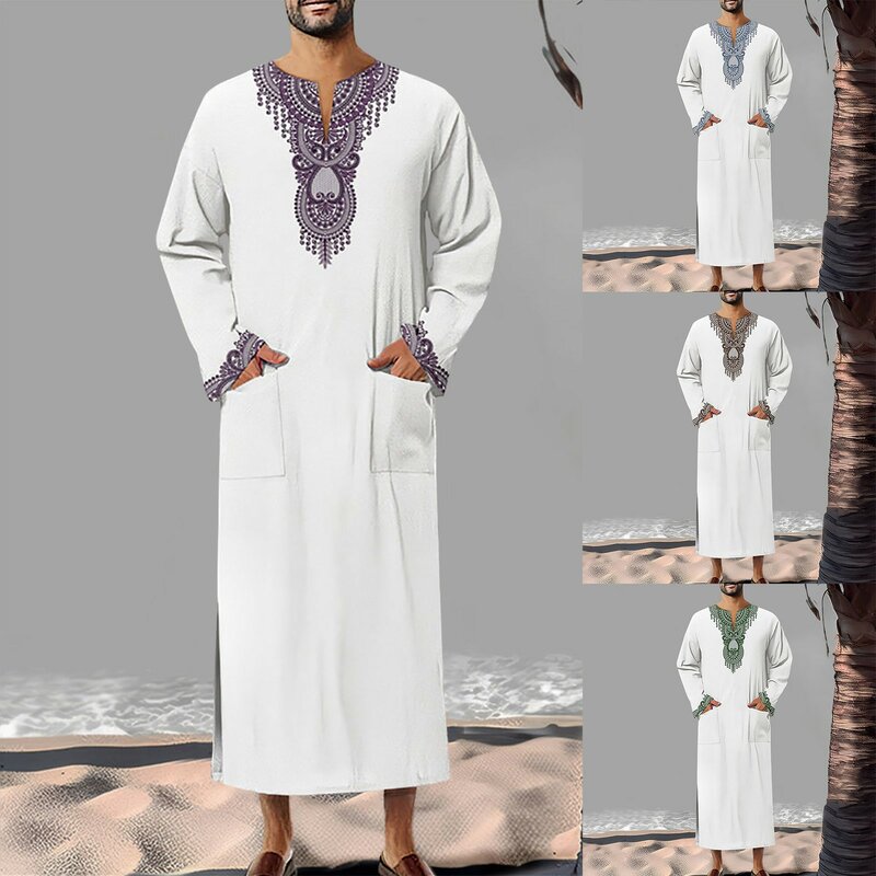 Islam Kaftan Muslim pakaian pria Maroko Kaftan bordir tangan longgar dan bernapas djellas Abaya Thobe untuk pria Musim Panas 2024