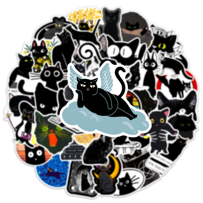 かわいい小さな黒の猫シリーズ漫画落書きステッカー、ラップトップ、ヘルメット、デスクトップの装飾、DIYおもちゃ、50個に適しています