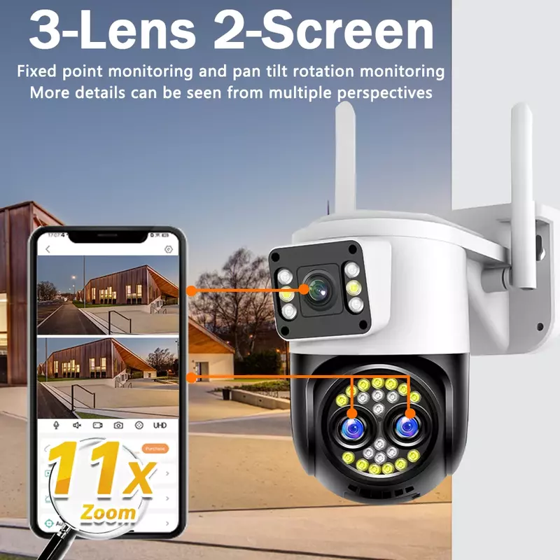 Telecamera PTZ WiFi da 12mp 6K Zoom 10X telecamera IP di sicurezza a tre obiettivi con doppio schermo rilevamento umano impermeabile visione notturna a colori ccam