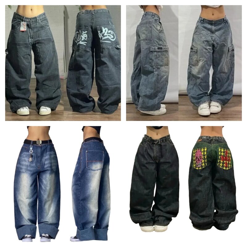 2024 New American Fashion Pattern Embroidered Jeans Men's Street Hip-Hop Retro Straight Wide-leg Pants Couple Casual Loose Jeans