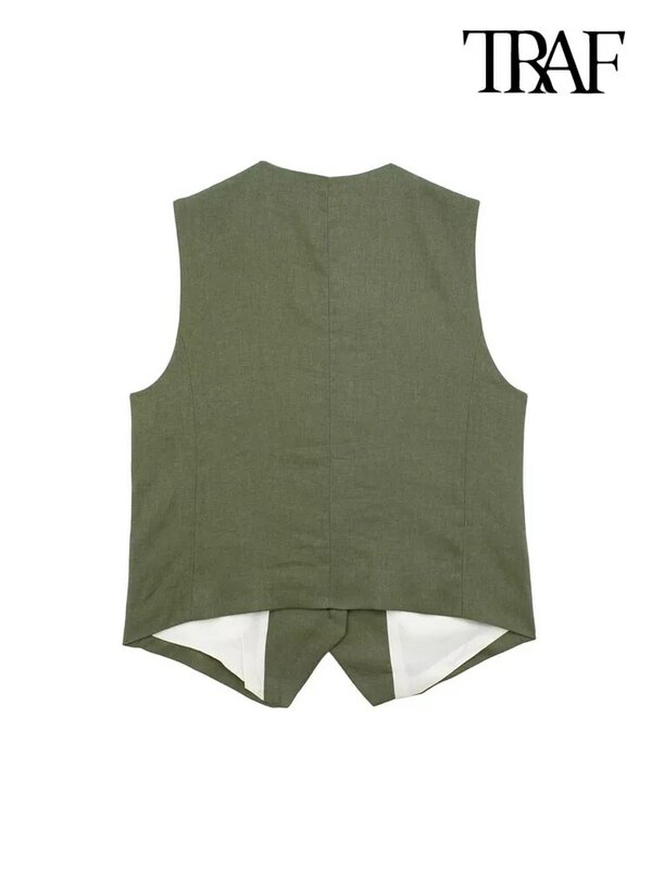 Traf Damesmode Linnen Vest Met Knoop Aan De Voorkant Vintage V-Hals Mouwloze Vrouwelijke Bovenkleding Chique Vest Tops