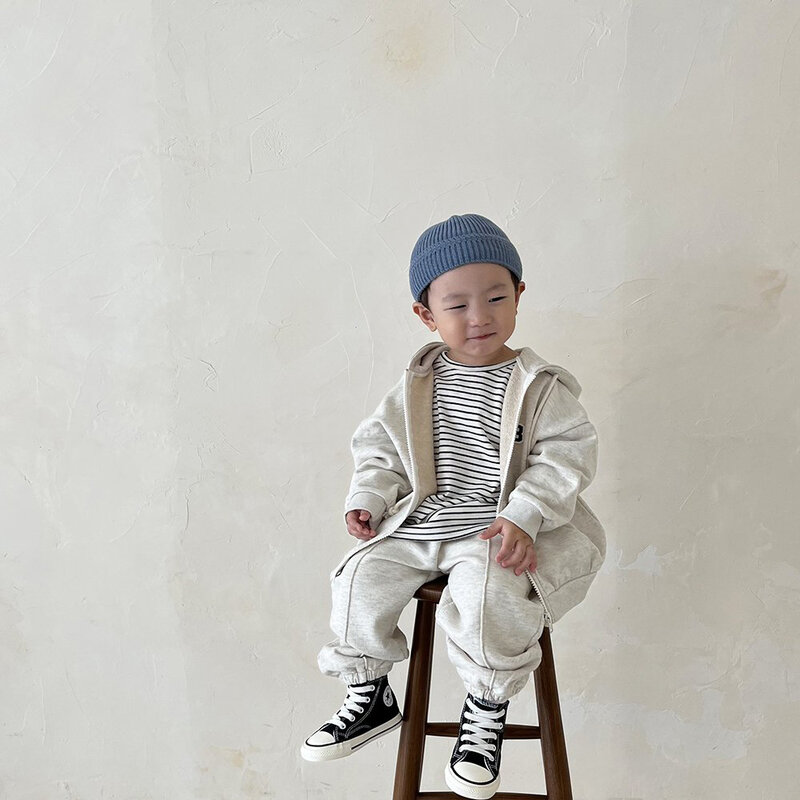 เกาหลี INS เด็ก Jogger ชุดเด็กทารกเสื้อออกกำลังกาย Hoodie + ยืดหยุ่น Sweatpant ชุด Full Zip Hooded เด็ก Tracksuit 1-5Y ใหม่