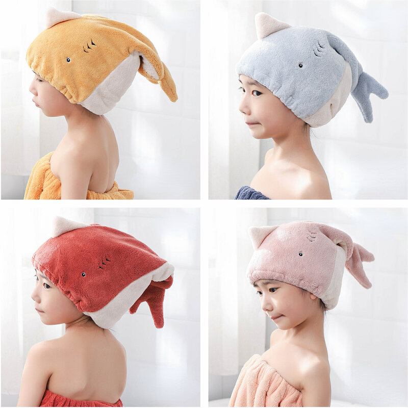 Touca de banho de microfibra macia para mulheres Touca de cabelo seco de tubarão Toalha de banho secagem rápida Turbante macio para criança Toalha de cabeça de menina
