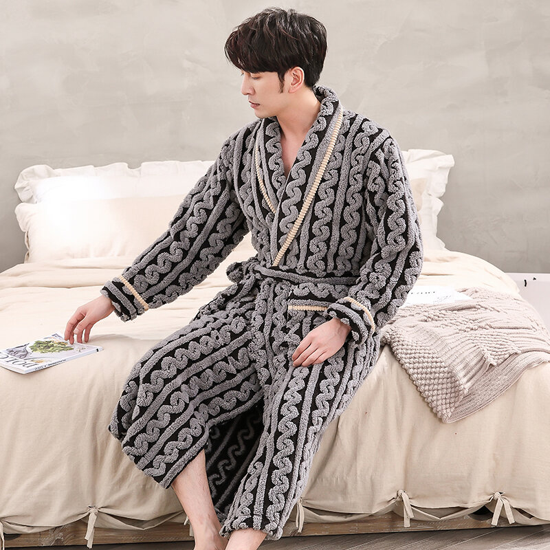 Bata de dormir de franela gruesa para hombre, Kimono de manga larga, albornoz cálido para el hogar, ropa de invierno