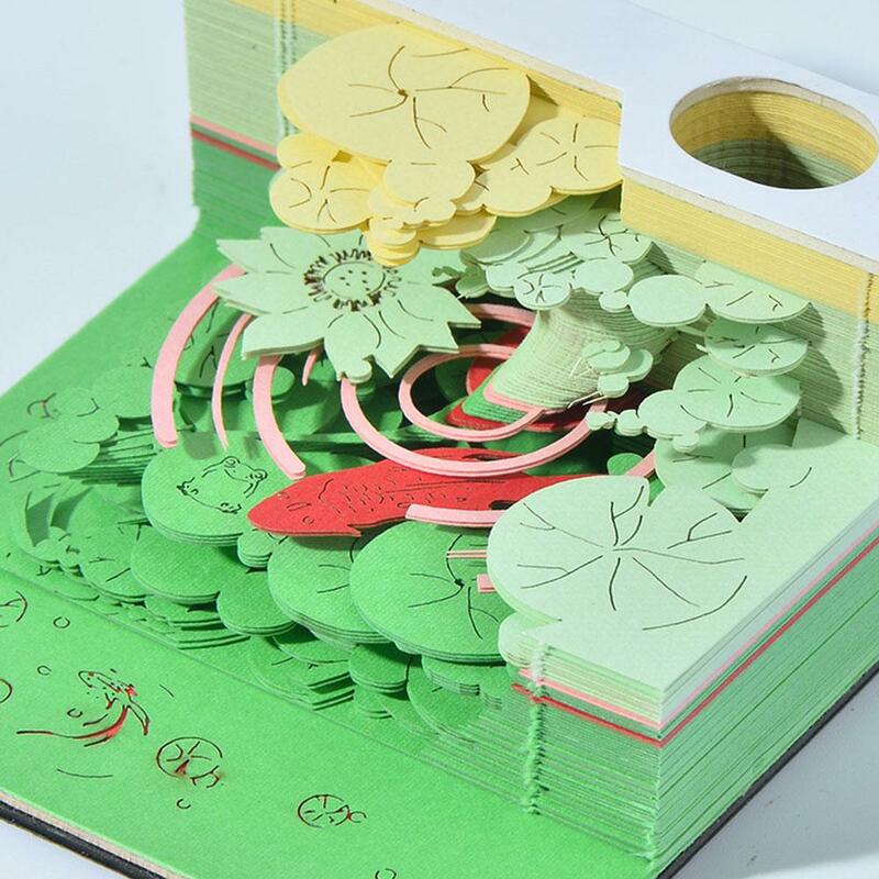 Paper Carving Model Note Table, Boa Sorte, Koi 3 Dimensional, Presentes de Natal, Notepad Model Box, Holiday Pen com Holde Holde, Z6T3
