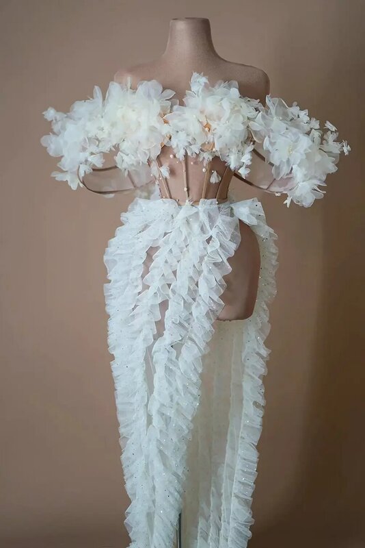 2024 abiti da sera lunghi ed eleganti con fiori bianchi per le donne abiti da sera da donna africani in pizzo con spalle scoperte Sexy Baomihua
