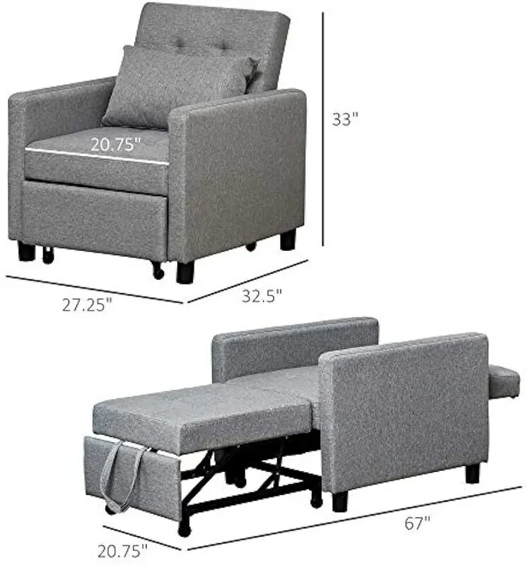 컨버터블 소파 라운저 의자 침대, 다기능 슬리퍼 리클라이너, 터프티드 커버 원단, 각도 조절 가능 등받이