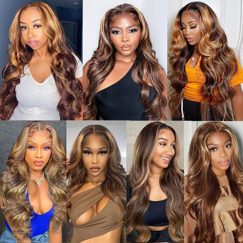 Highlight Ombre Body Wave Wig Human Hair Lace Front Wig 4/27 Highlight Body Wave HD Transparent  Lace Front Wigs