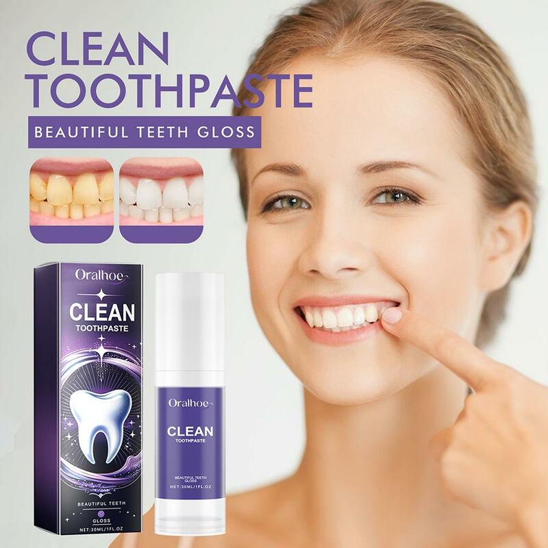 Pasta de dientes blanqueadora púrpura, eliminación de manchas de dientes, reparación de cuidado de encías, aliento fresco, brillo de dientes, B8N1, 30ml