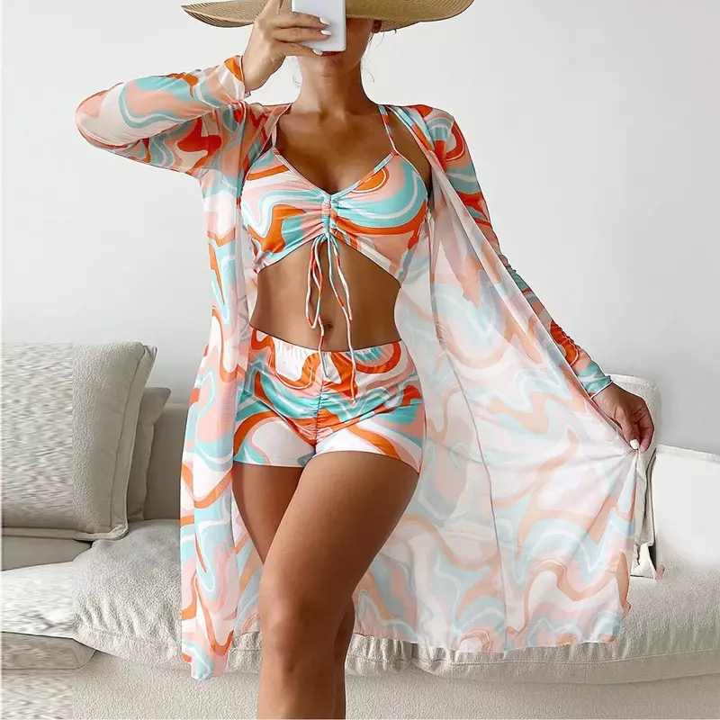 Conjunto de Bikini de vendaje de cintura alta para mujer, traje de baño de manga larga con realce, traje de baño de tres piezas para playa