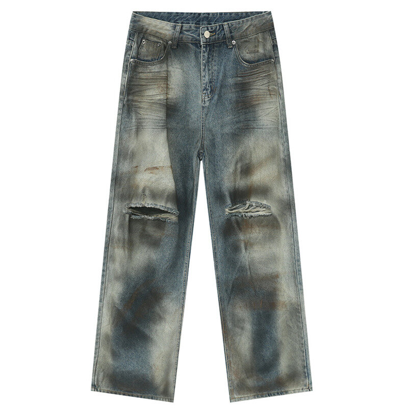 NOYMEI Vintage Style High Street 2024 estate nuovi Jeans da uomo fori Jeans dritti pantaloni larghi alla moda Tie-dye pantaloni WA4401