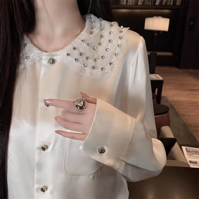 Korean Fashion Lapel Style White Shirt Top for Women's Spring New Studded Round Neck Sweet Loose Fitting Shirts Female Clothing