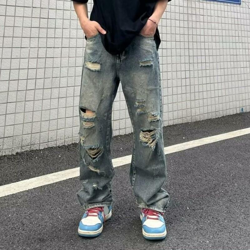 Celana panjang Jeans untuk pria, celana panjang Denim Retro lurus longgar Hip Hop kaki lebar kasual panjang penuh untuk pria