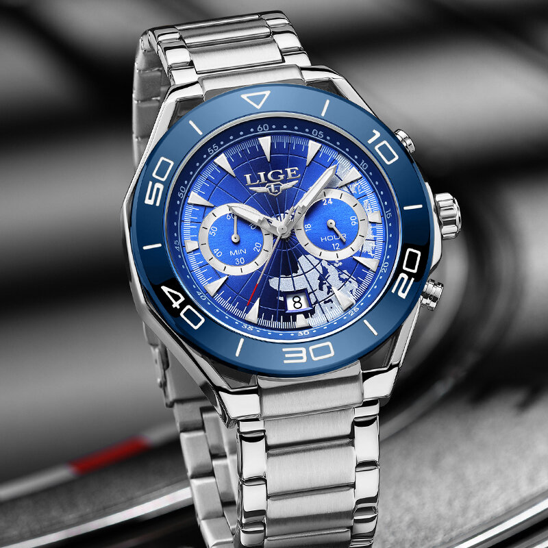 LIGE jam tangan olahraga pria, arloji Quartz Stainless Steel tanggal tahan air untuk lelaki