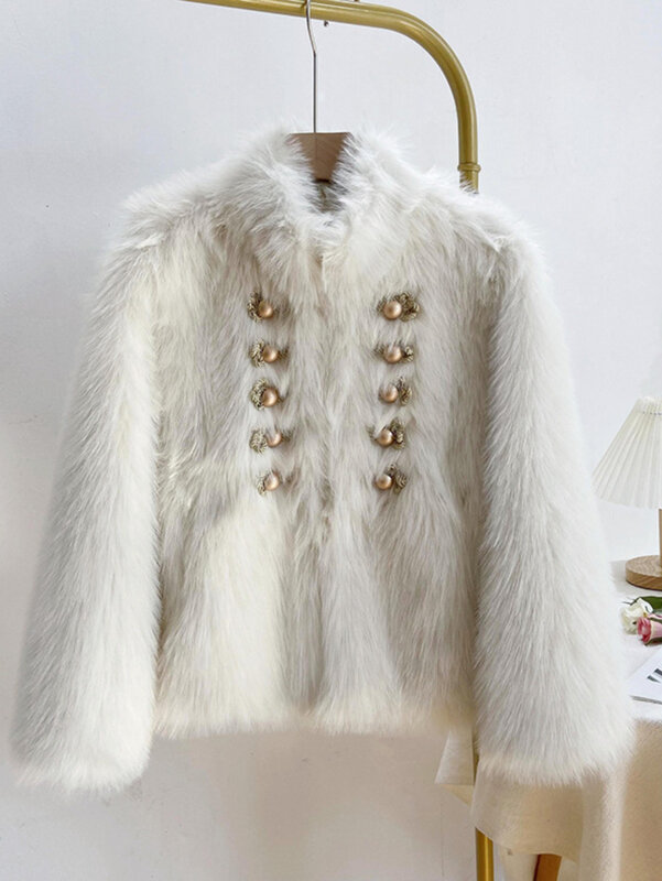 Casaco feminino de pele de raposa falsa fivela de seda dourada, jaqueta de pelúcia vintage, roupas quentes de inverno, moda britânica, nova