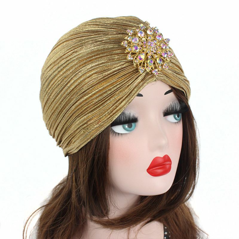 Sombrero turbante indio para mujer, gorro Hijab plisado terciopelo para cabeza, con broche, joyería