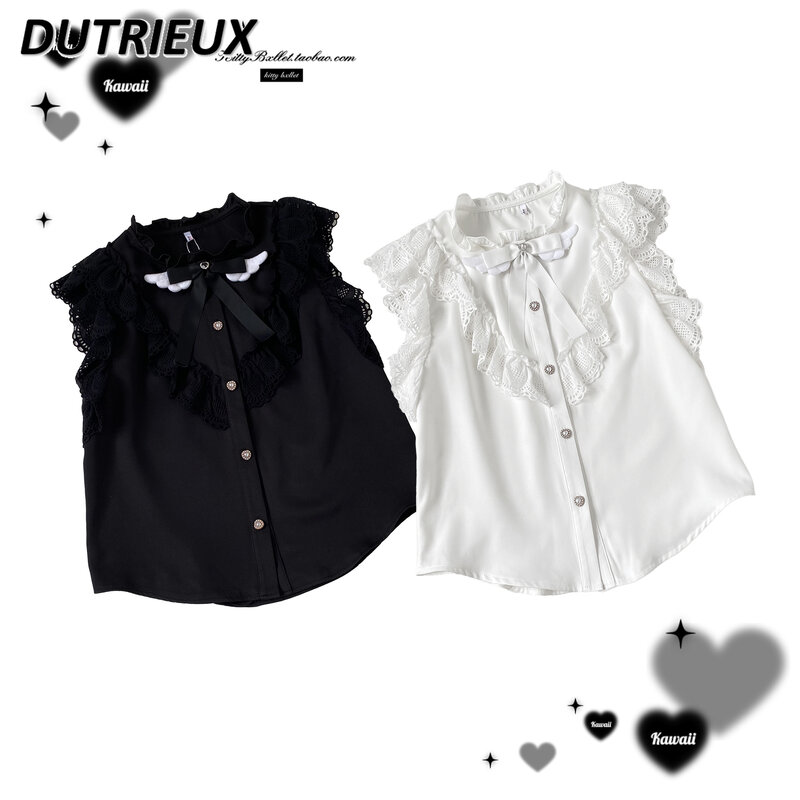 Chemise Lolita japonaise à nœud doux Kawaii, chemises en dentelle, petit col montant, manches volantées, blanc, été