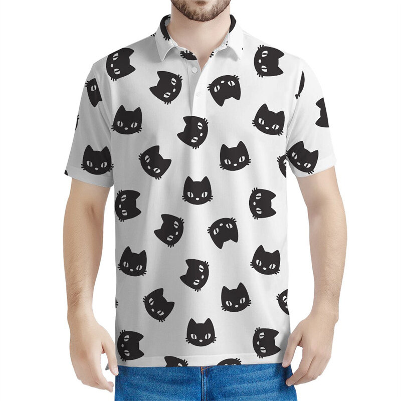 Camiseta polo masculina com padrão adorável gato, camiseta estampada 3D dos animais dos desenhos animados, tops de mangas curtas, camiseta solta, verão