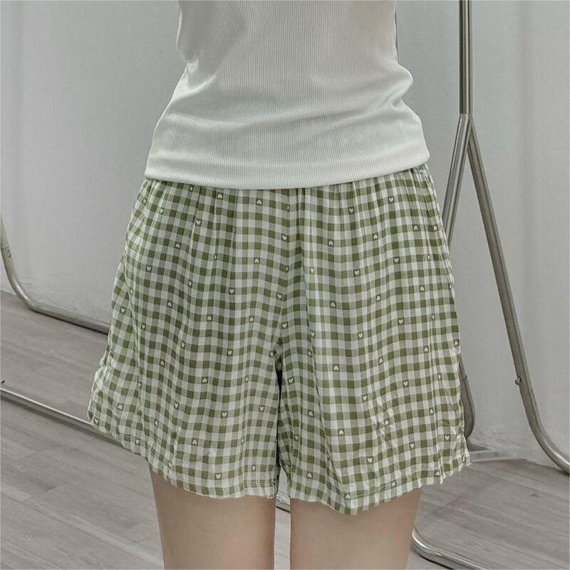 Pantalones cortos de cintura alta para mujer, Shorts informales, holgados, a cuadros, elásticos, para el hogar