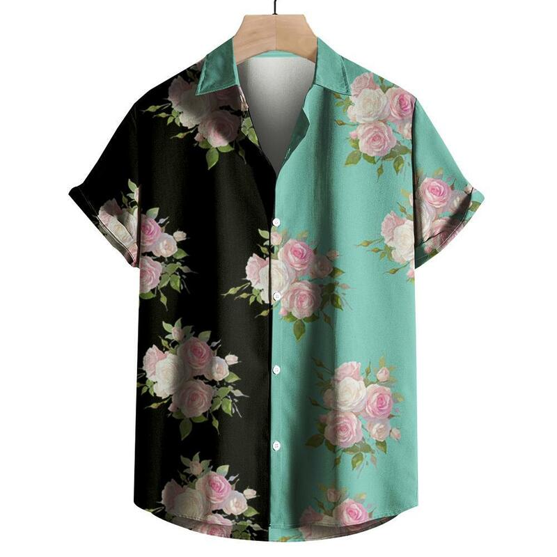Camisas coloridas masculinas, estampa 3D com flores rosas, botão da moda, streetwear lapela de manga curta, camisa clássica masculina, verão