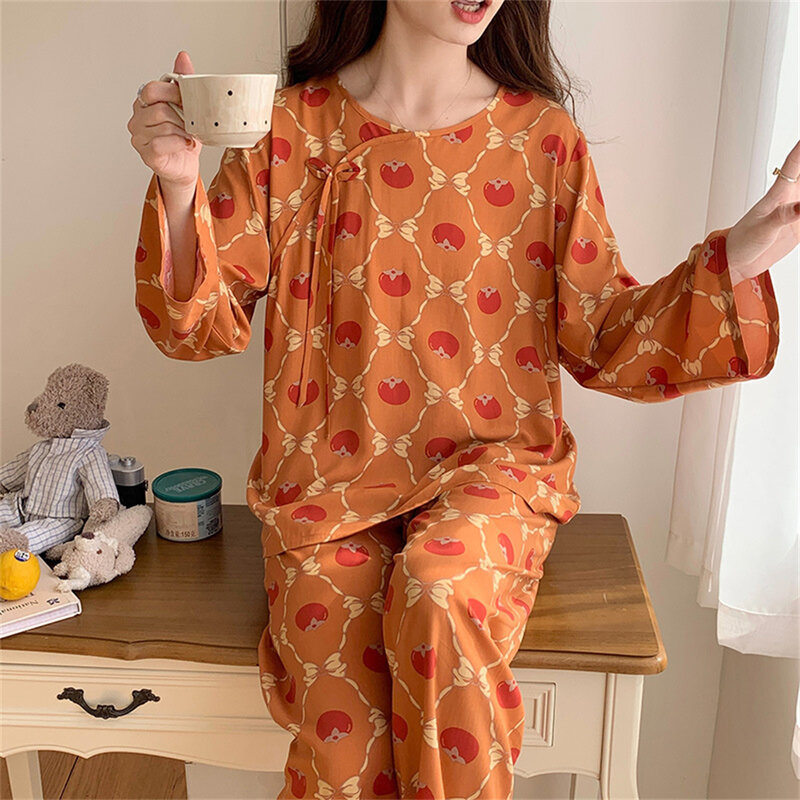 Summer Sweet Printing Sleepwear Set Thin Long Sleeves Pants Pajamas Suit Women Chinese Style Loose Breathable Two-piece Homewear