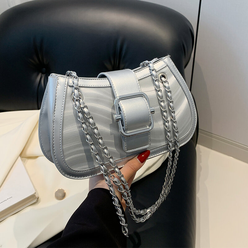 Bolsos cruzados de cuero plateado para mujer, bolso de hombro con cadena, diseñador de lujo, estilo francés, a la moda, 2024