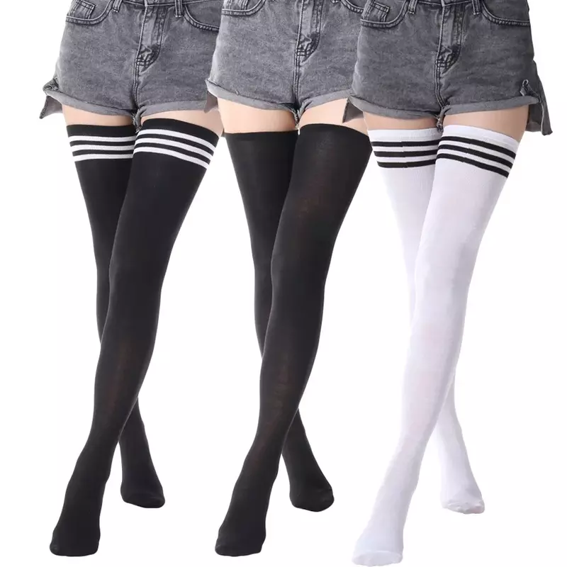 Meias longas listradas altas de coxa para mulheres, meias sobre o joelho para senhoras, meias Lolita doce para meninas, quente, preto e branco, sexy e doce