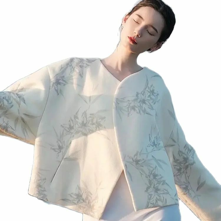 Casacos e jaquetas com padrão floral chique feminino, roupas estilo chinês, senso de luxo, novo