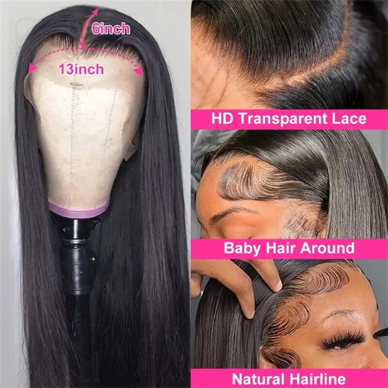 Perucas frontais de renda reta com cabelo de bebê para mulheres negras, cabelo humano pré-arrancado, renda transparente HD, densidade 180%, 13x6
